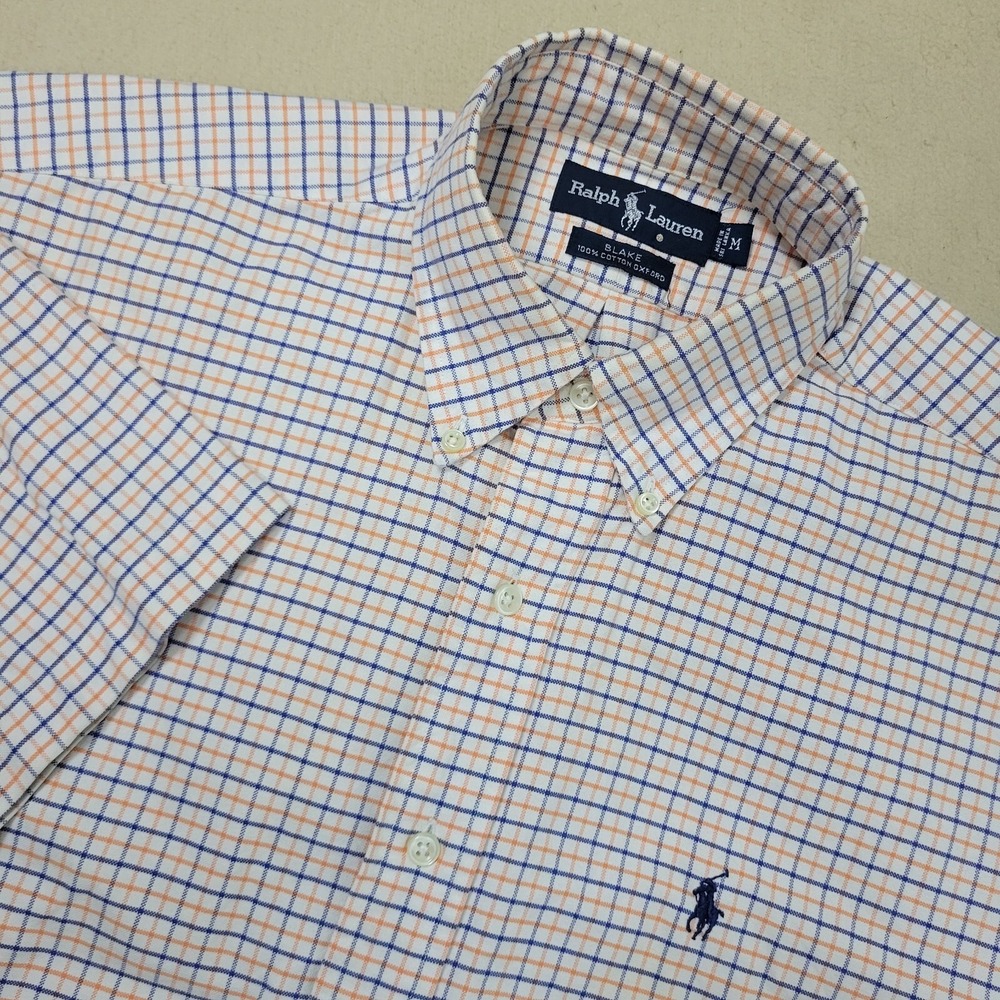 Vintage Ralph Lauren Blake Cotton Oxford Mens Medium Blue Orange Check Pony